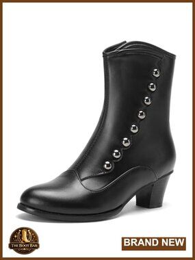 Victorian Ankle Boots Chunky Heel Round Toe Side Zipper Button Cosplay Shoes